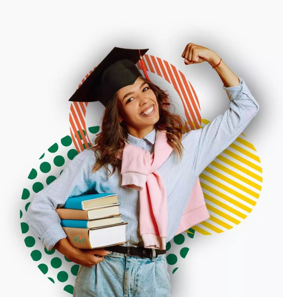 Teenager wearing a mortarboard, holding books and flexing muscle in excitement